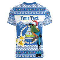 Personalized Nicaragua Christmas Women V-Neck T-Shirt Turquoise-Browed Motmot With Coat Of Arms - Wonder Print Shop