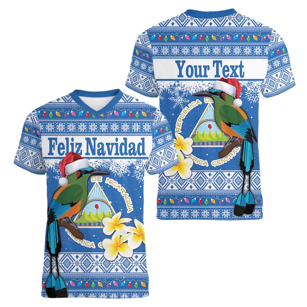 Personalized Nicaragua Christmas Women V-Neck T-Shirt Turquoise-Browed Motmot With Coat Of Arms - Wonder Print Shop