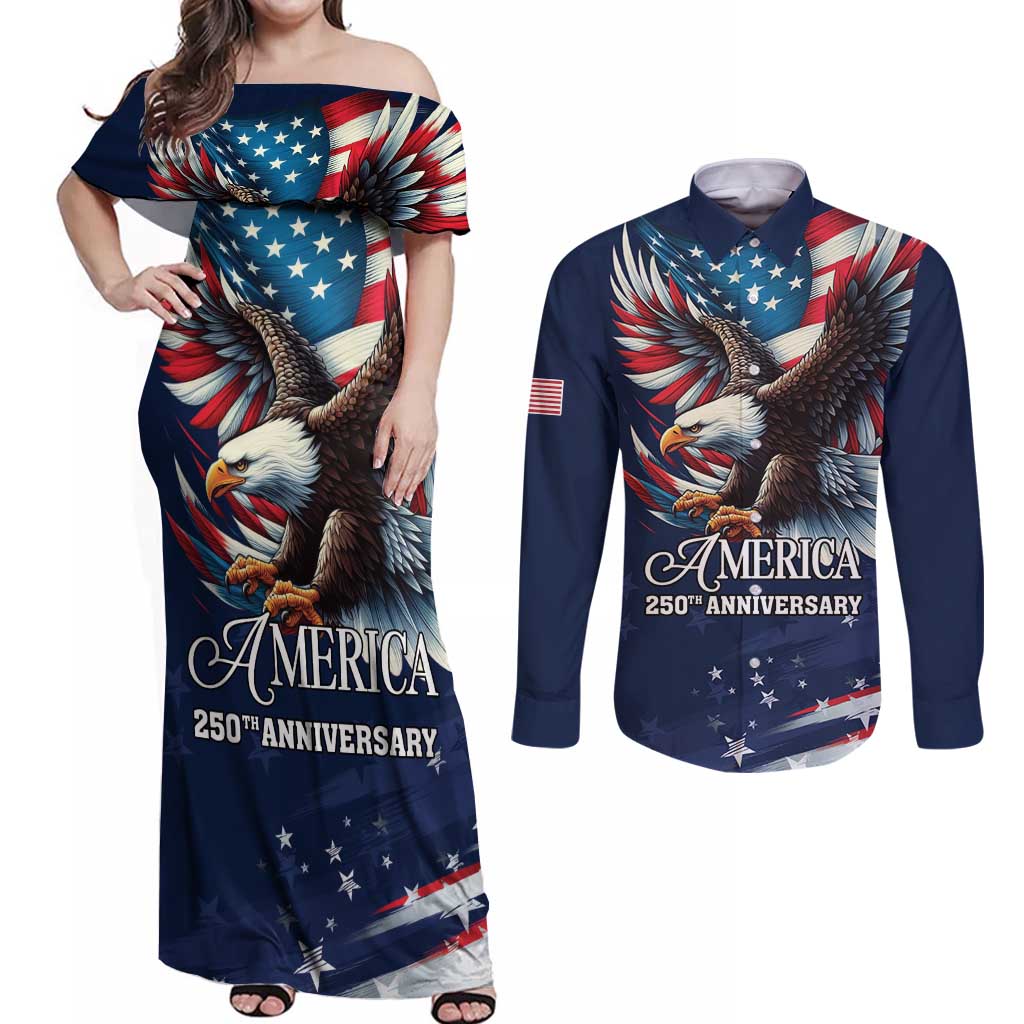 US Navy 250th Anniversary Couples Matching Off Shoulder Maxi Dress and Long Sleeve Button Shirt Proudly Served Veteran - Wonder Print Shop