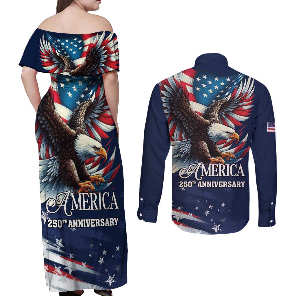 US Navy 250th Anniversary Couples Matching Off Shoulder Maxi Dress and Long Sleeve Button Shirt Proudly Served Veteran - Wonder Print Shop