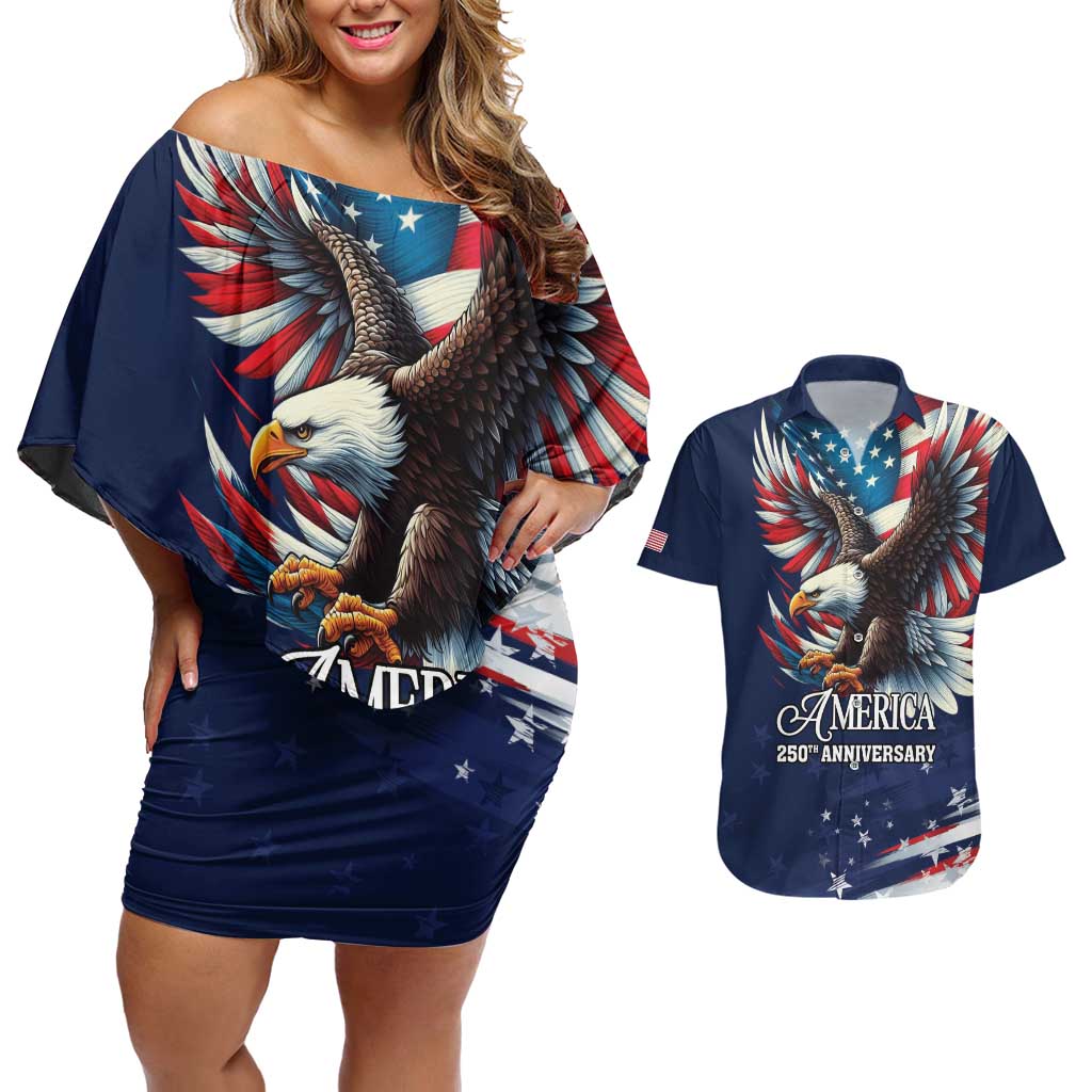 US Navy 250th Anniversary Couples Matching Off Shoulder Short Dress and Hawaiian Shirt Proudly Served Veteran - Wonder Print Shop
