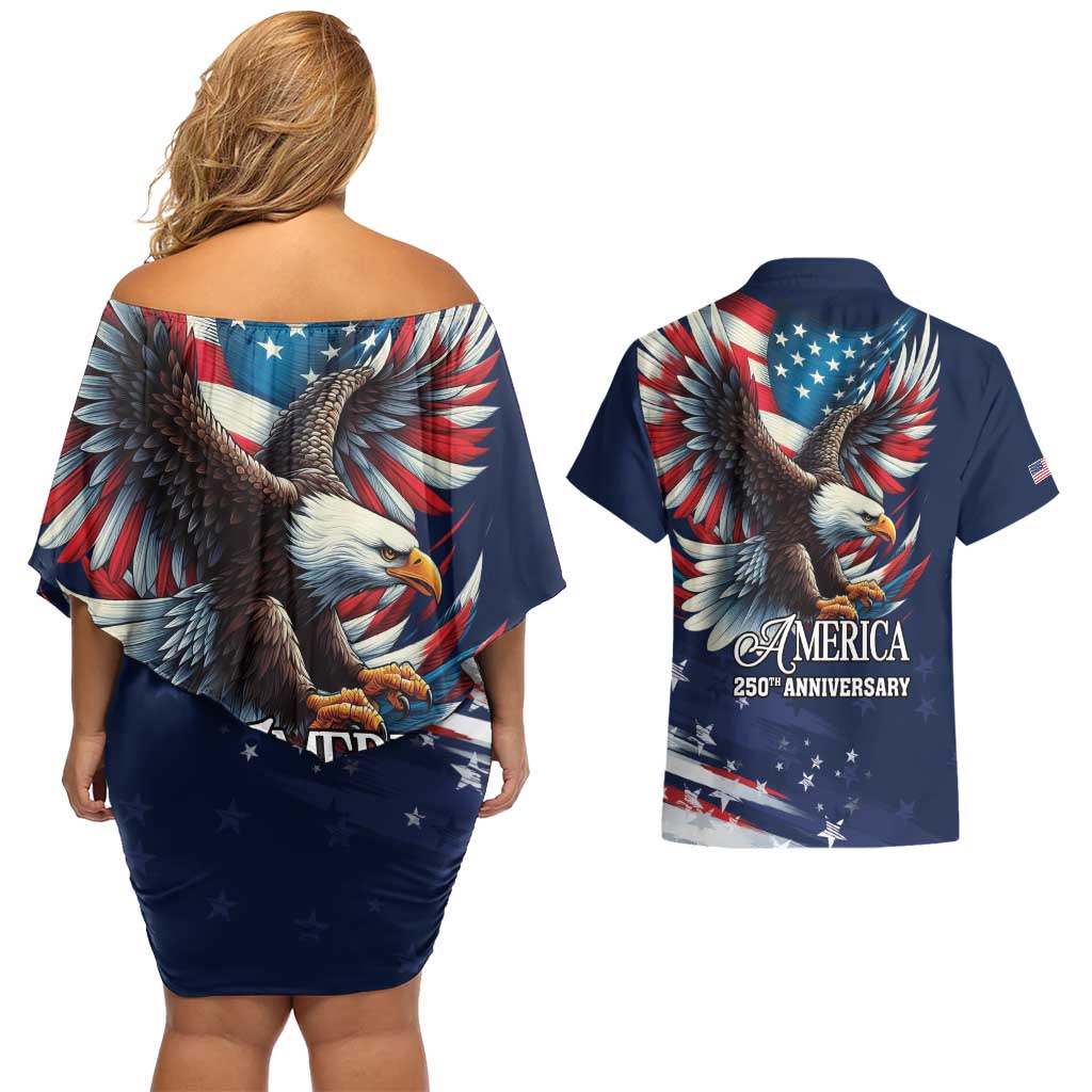US Navy 250th Anniversary Couples Matching Off Shoulder Short Dress and Hawaiian Shirt Proudly Served Veteran - Wonder Print Shop