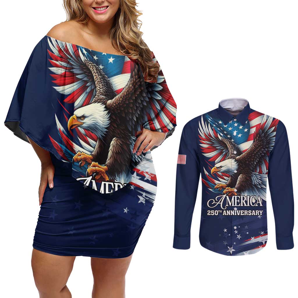 US Navy 250th Anniversary Couples Matching Off Shoulder Short Dress and Long Sleeve Button Shirt Proudly Served Veteran - Wonder Print Shop