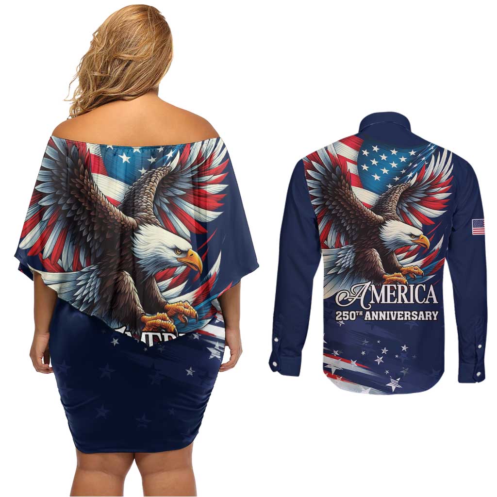 US Navy 250th Anniversary Couples Matching Off Shoulder Short Dress and Long Sleeve Button Shirt Proudly Served Veteran - Wonder Print Shop