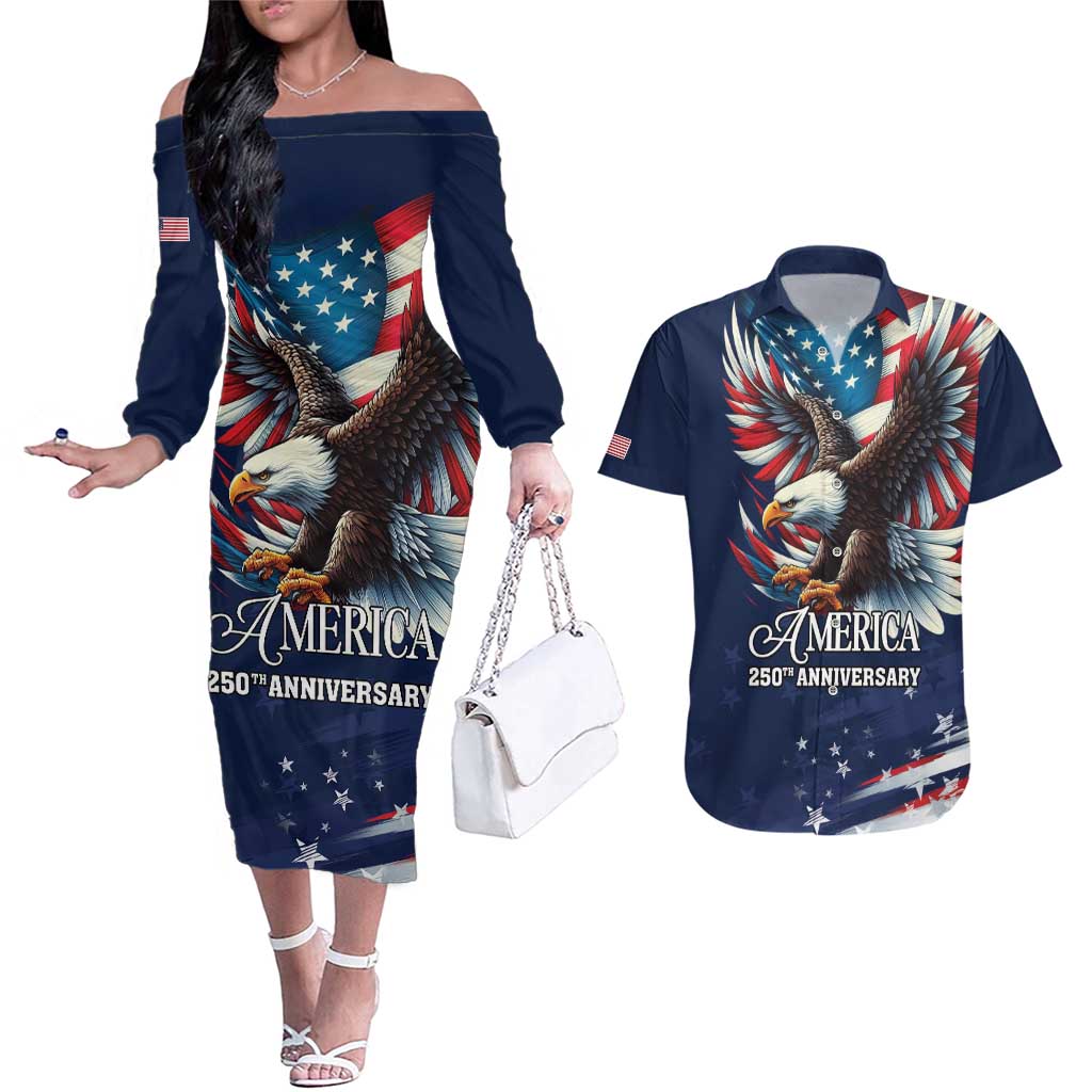 US Navy 250th Anniversary Couples Matching Off The Shoulder Long Sleeve Dress and Hawaiian Shirt Proudly Served Veteran - Wonder Print Shop