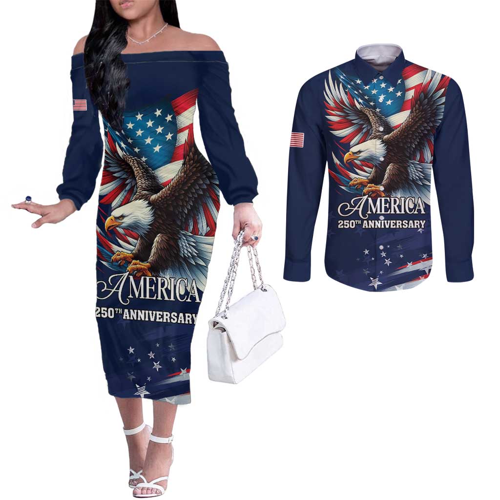 US Navy 250th Anniversary Couples Matching Off The Shoulder Long Sleeve Dress and Long Sleeve Button Shirt Proudly Served Veteran - Wonder Print Shop