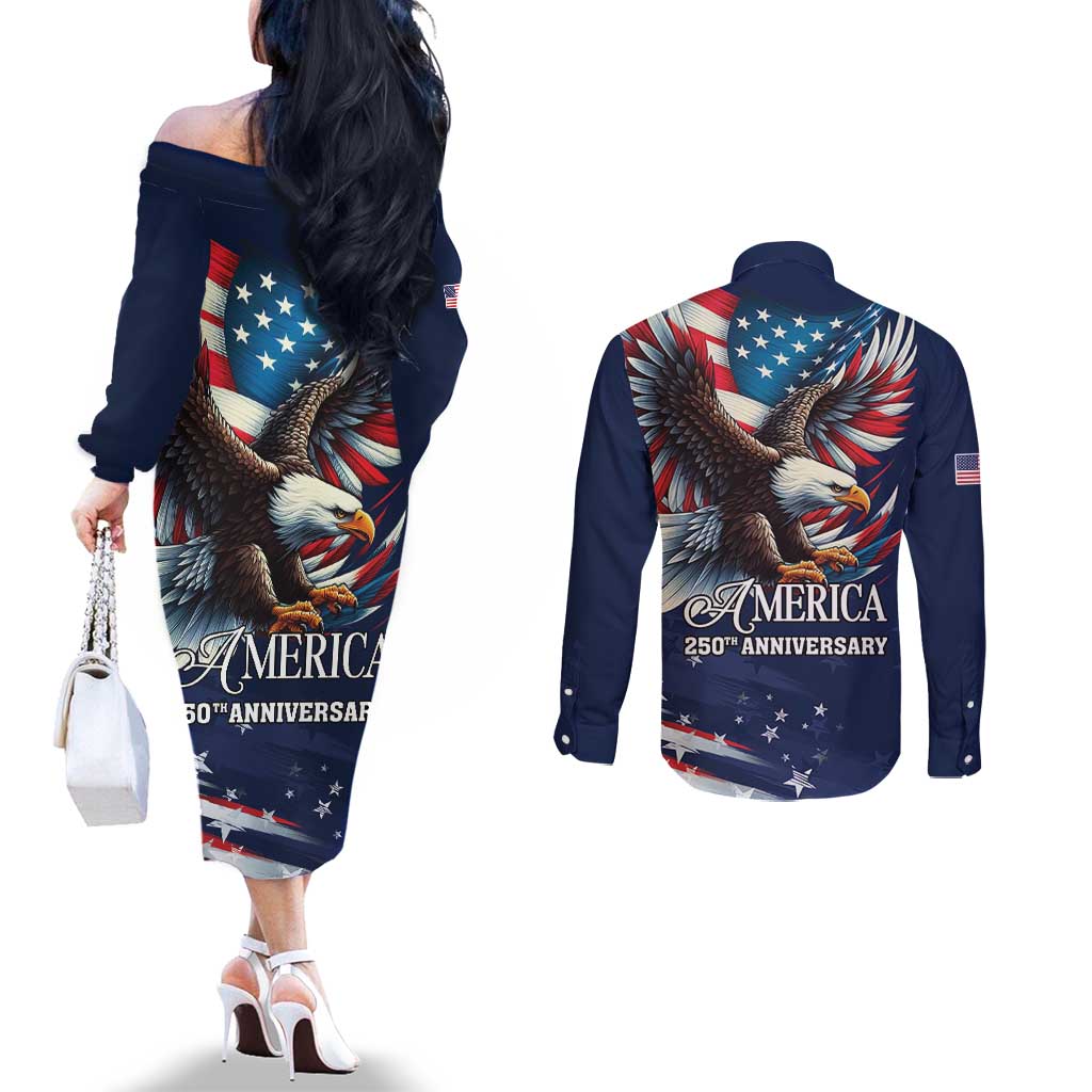 US Navy 250th Anniversary Couples Matching Off The Shoulder Long Sleeve Dress and Long Sleeve Button Shirt Proudly Served Veteran - Wonder Print Shop