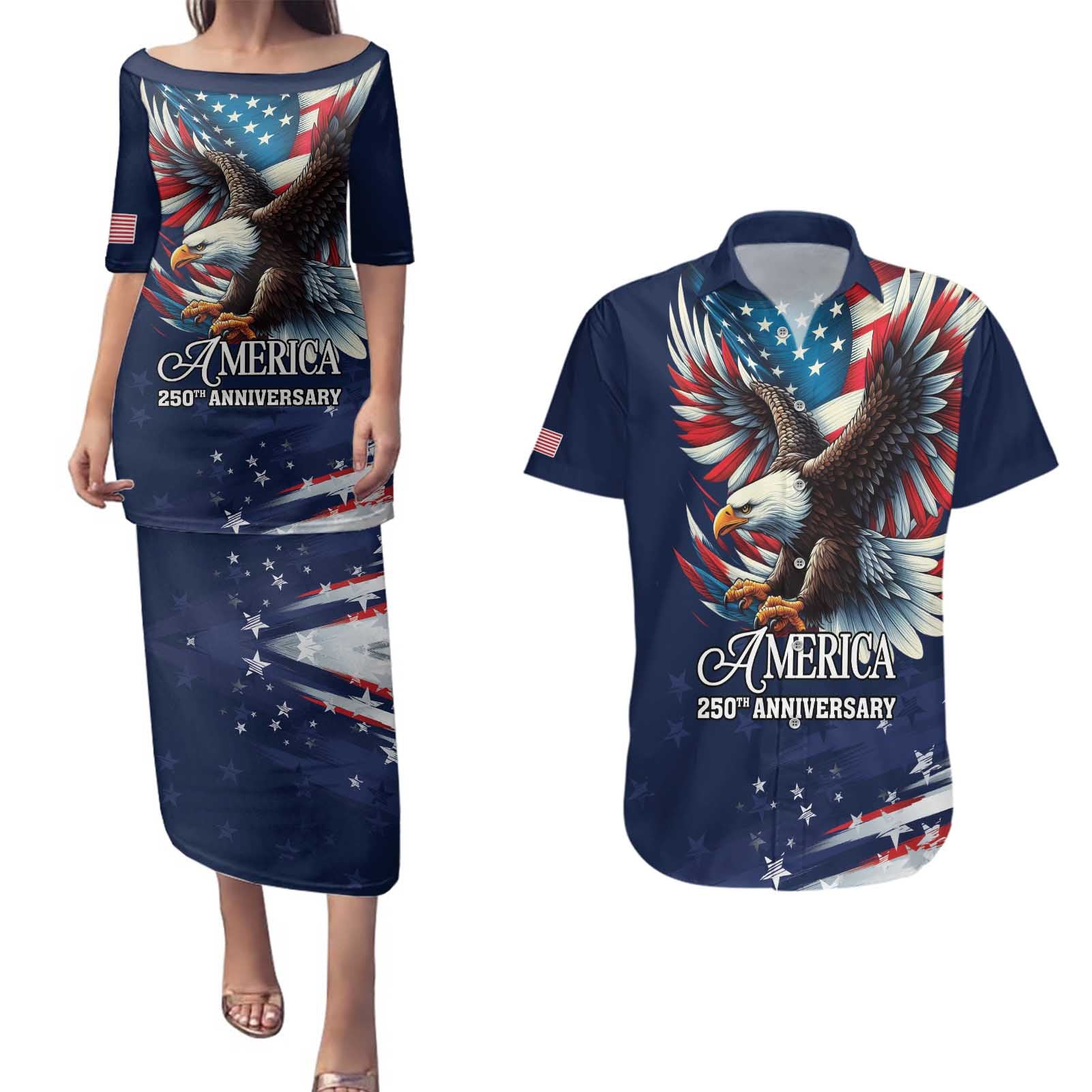 US Navy 250th Anniversary Couples Matching Puletasi and Hawaiian Shirt Proudly Served Veteran - Wonder Print Shop