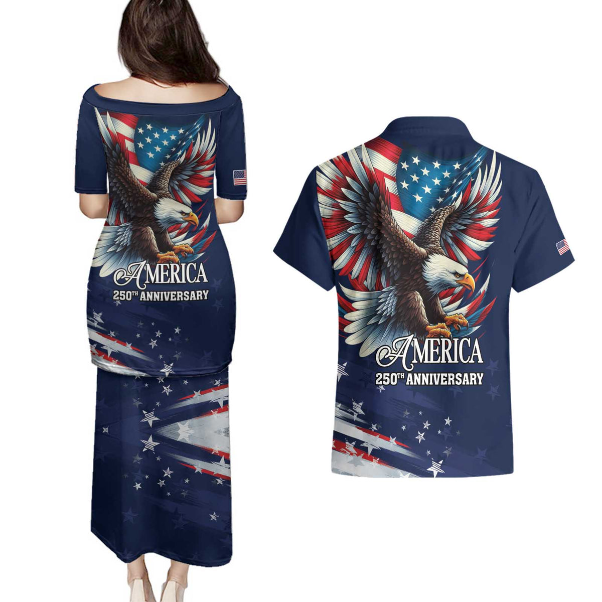 US Navy 250th Anniversary Couples Matching Puletasi and Hawaiian Shirt Proudly Served Veteran - Wonder Print Shop