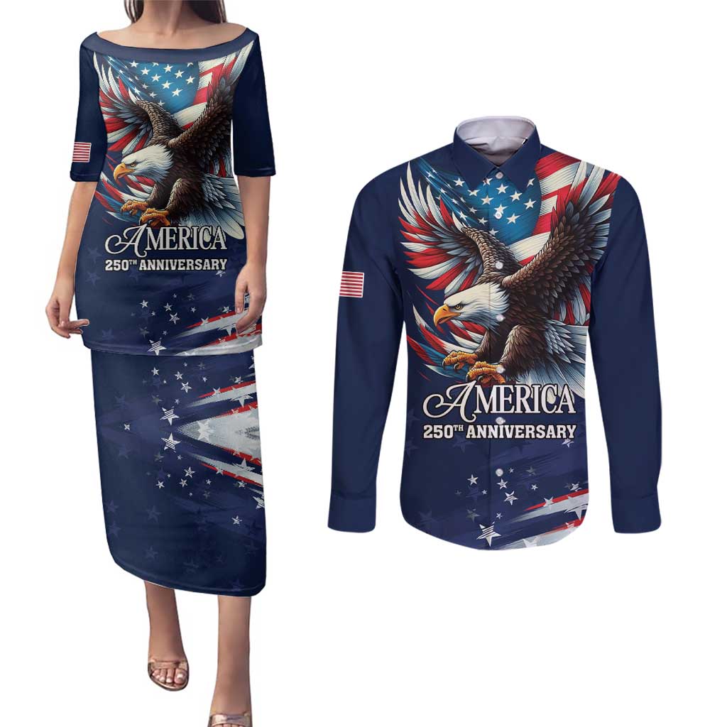 US Navy 250th Anniversary Couples Matching Puletasi and Long Sleeve Button Shirt Proudly Served Veteran - Wonder Print Shop