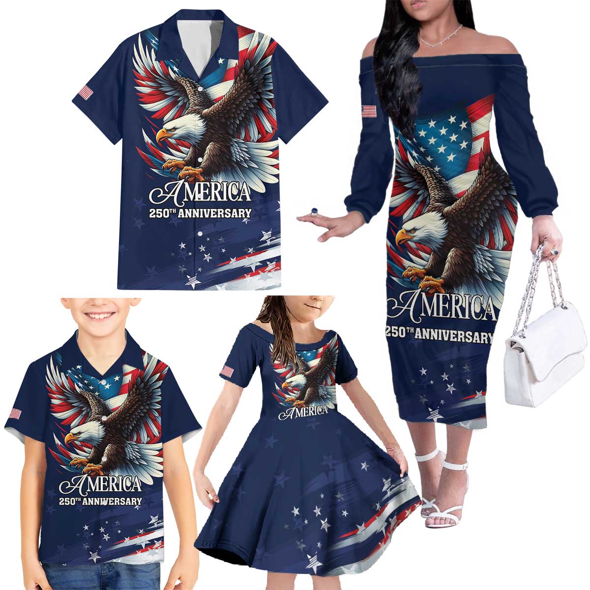 US Navy 250th Anniversary Family Matching Off The Shoulder Long Sleeve Dress and Hawaiian Shirt Proudly Served Veteran - Wonder Print Shop