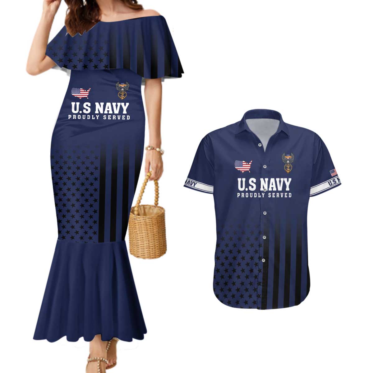America 250th Anniversary Eagle Couples Matching Mermaid Dress and Hawaiian Shirt Patriotic USA Flag - Wonder Print Shop