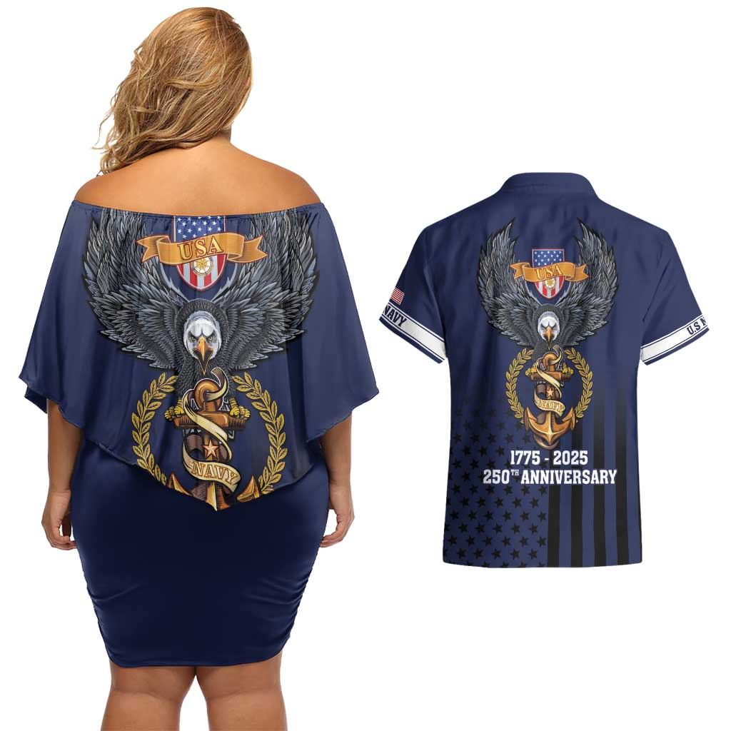 America 250th Anniversary Eagle Couples Matching Off Shoulder Short Dress and Hawaiian Shirt Patriotic USA Flag - Wonder Print Shop