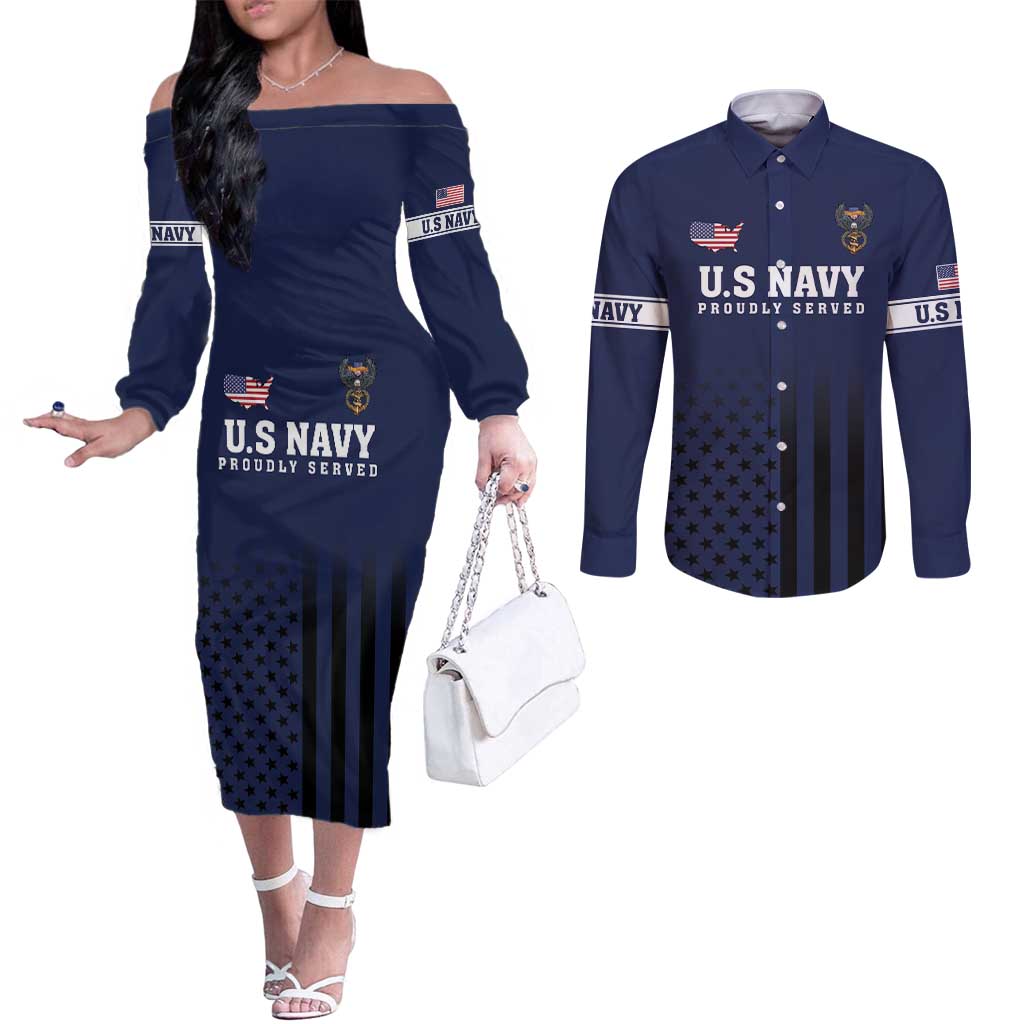 America 250th Anniversary Eagle Couples Matching Off The Shoulder Long Sleeve Dress and Long Sleeve Button Shirt Patriotic USA Flag - Wonder Print Shop