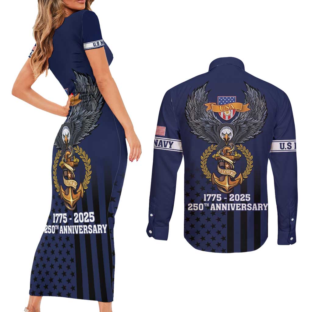 America 250th Anniversary Eagle Couples Matching Short Sleeve Bodycon Dress and Long Sleeve Button Shirt Patriotic USA Flag - Wonder Print Shop