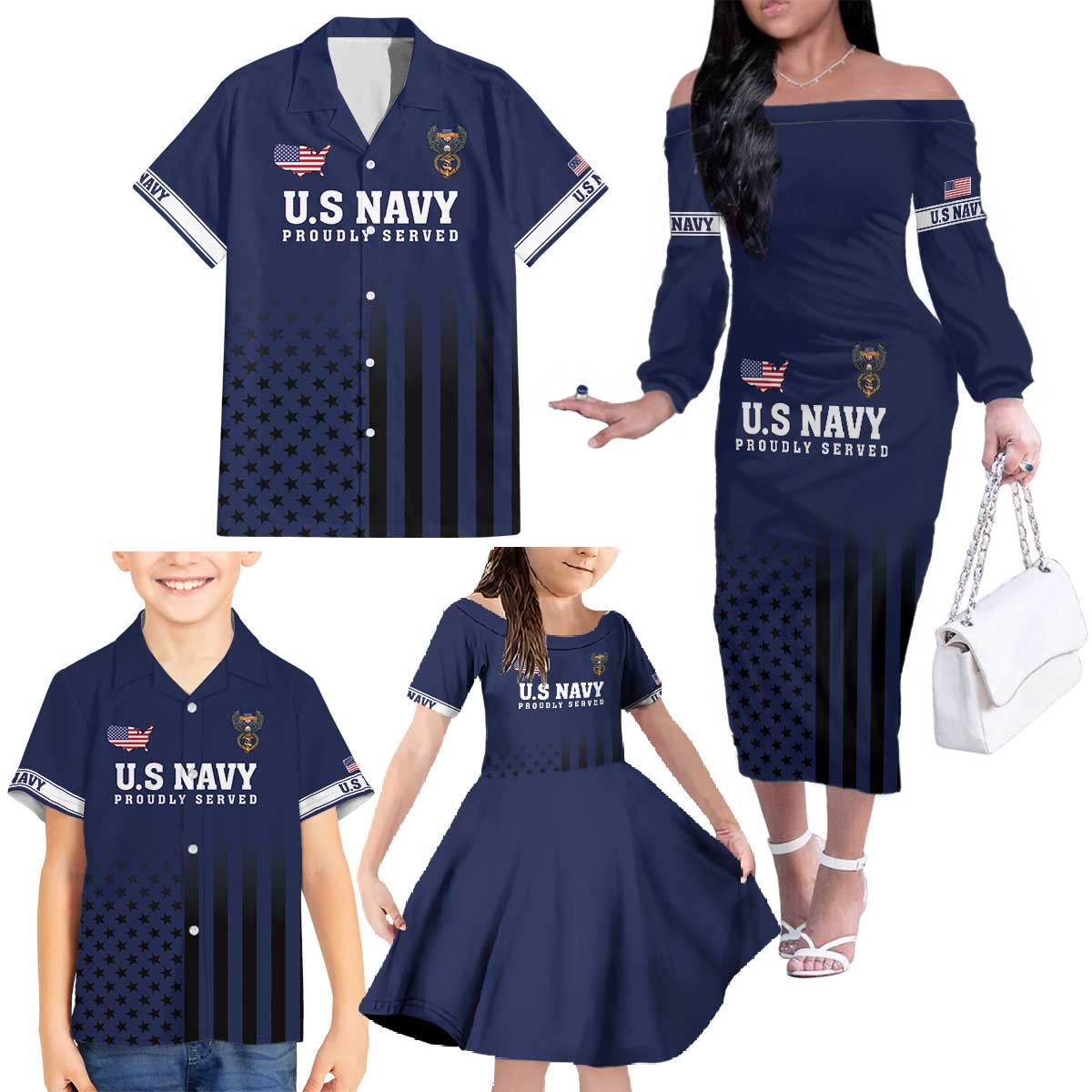 America 250th Anniversary Eagle Family Matching Off The Shoulder Long Sleeve Dress and Hawaiian Shirt Patriotic USA Flag - Wonder Print Shop
