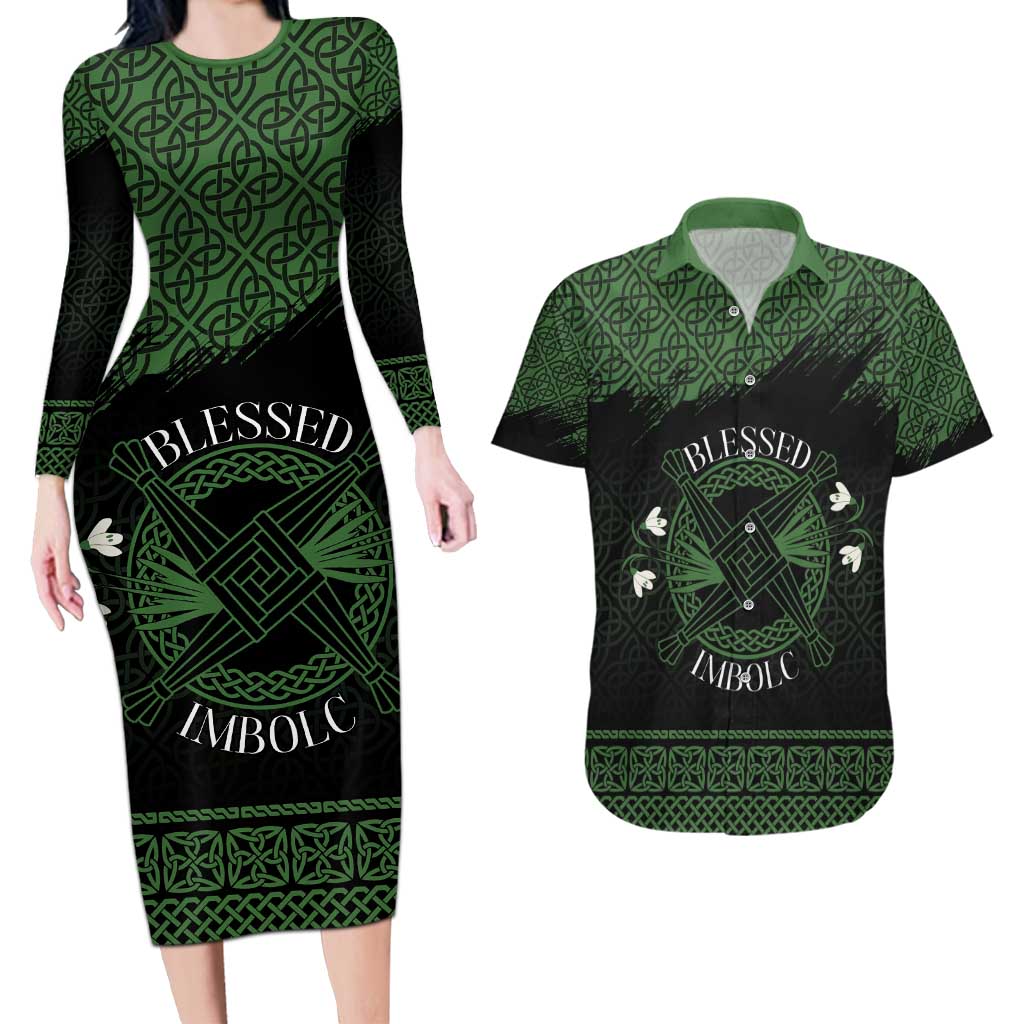 Personalized Imbolc Blessed Celtic Knot Couples Matching Long Sleeve Bodycon Dress and Hawaiian Shirt Brigids Cross Symbol - Wonder Print Shop