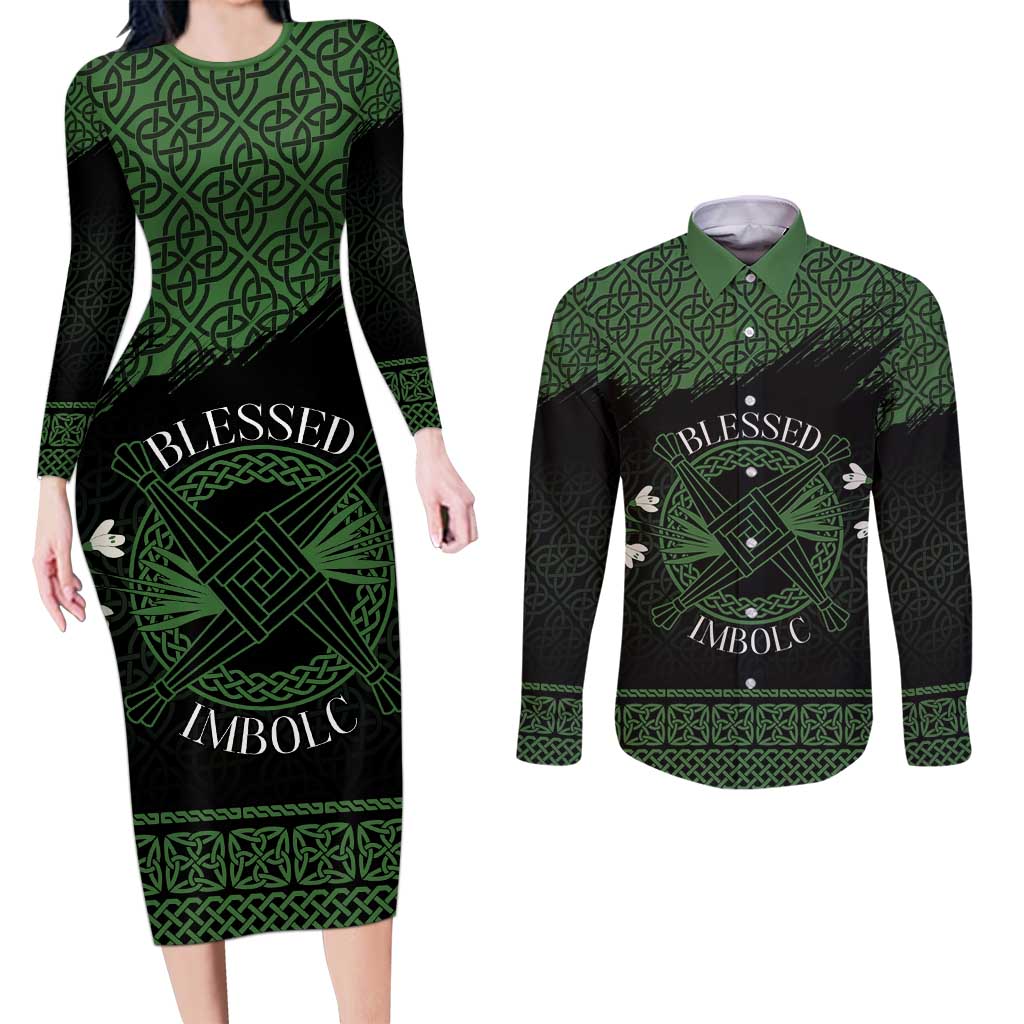 Personalized Imbolc Blessed Celtic Knot Couples Matching Long Sleeve Bodycon Dress and Long Sleeve Button Shirt Brigids Cross Symbol - Wonder Print Shop