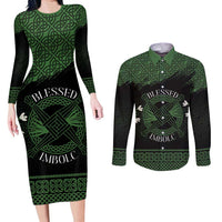 Personalized Imbolc Blessed Celtic Knot Couples Matching Long Sleeve Bodycon Dress and Long Sleeve Button Shirt Brigids Cross Symbol - Wonder Print Shop