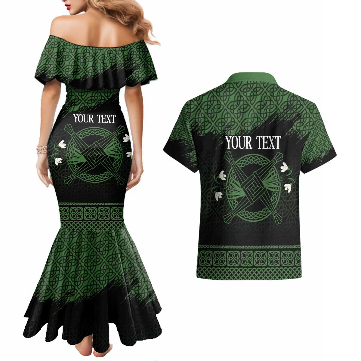 Personalized Imbolc Blessed Celtic Knot Couples Matching Mermaid Dress and Hawaiian Shirt Brigids Cross Symbol - Wonder Print Shop