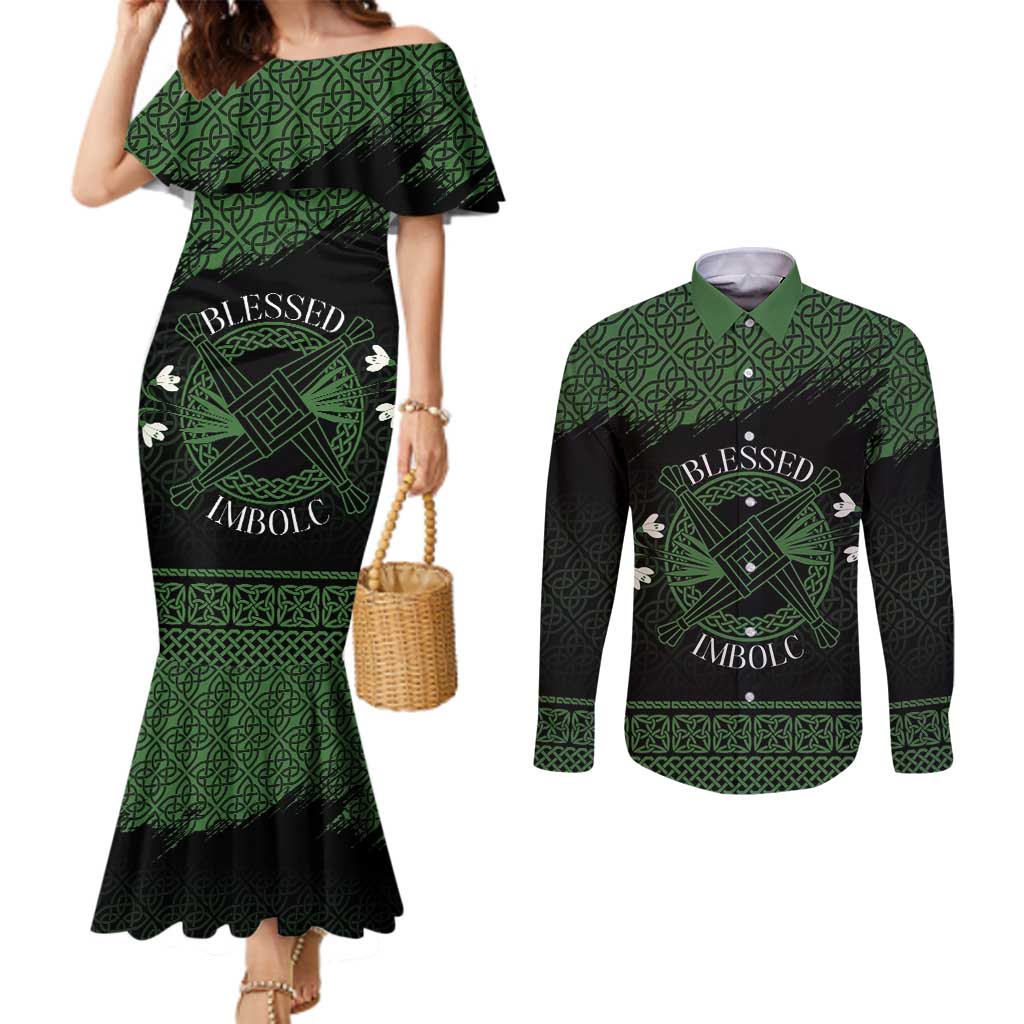 Personalized Imbolc Blessed Celtic Knot Couples Matching Mermaid Dress and Long Sleeve Button Shirt Brigids Cross Symbol - Wonder Print Shop
