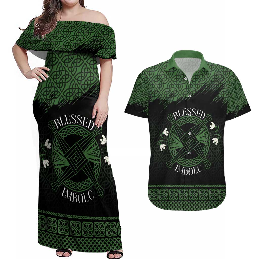 Personalized Imbolc Blessed Celtic Knot Couples Matching Off Shoulder Maxi Dress and Hawaiian Shirt Brigids Cross Symbol - Wonder Print Shop