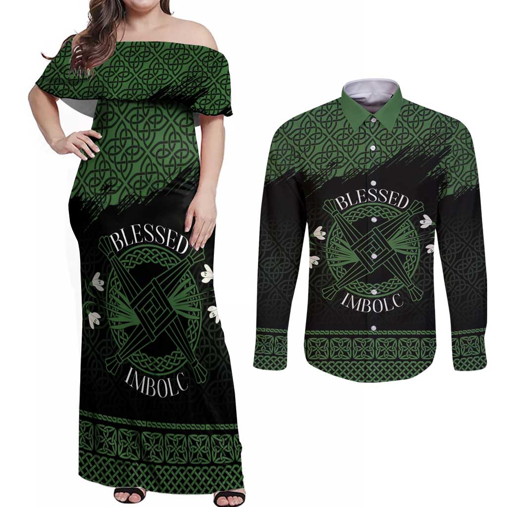 Personalized Imbolc Blessed Celtic Knot Couples Matching Off Shoulder Maxi Dress and Long Sleeve Button Shirt Brigids Cross Symbol - Wonder Print Shop