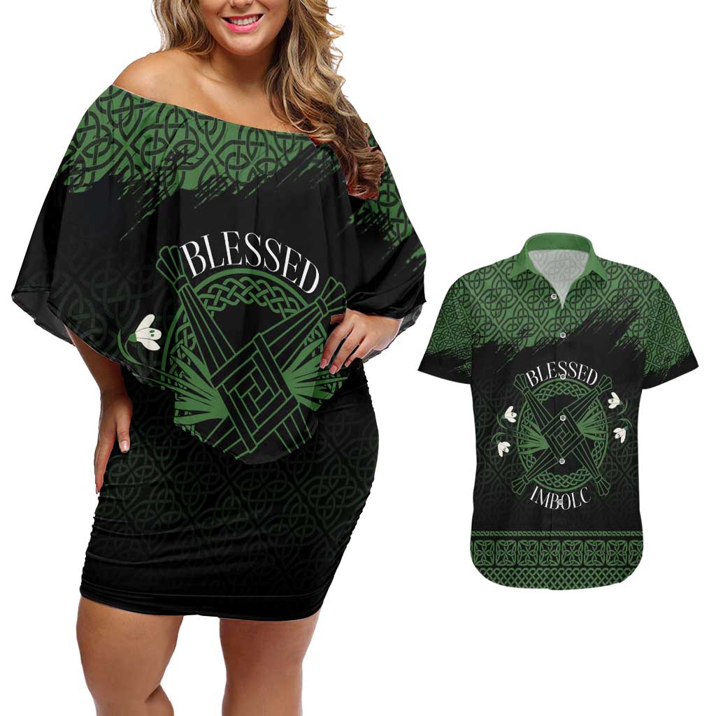 Personalized Imbolc Blessed Celtic Knot Couples Matching Off Shoulder Short Dress and Hawaiian Shirt Brigids Cross Symbol - Wonder Print Shop