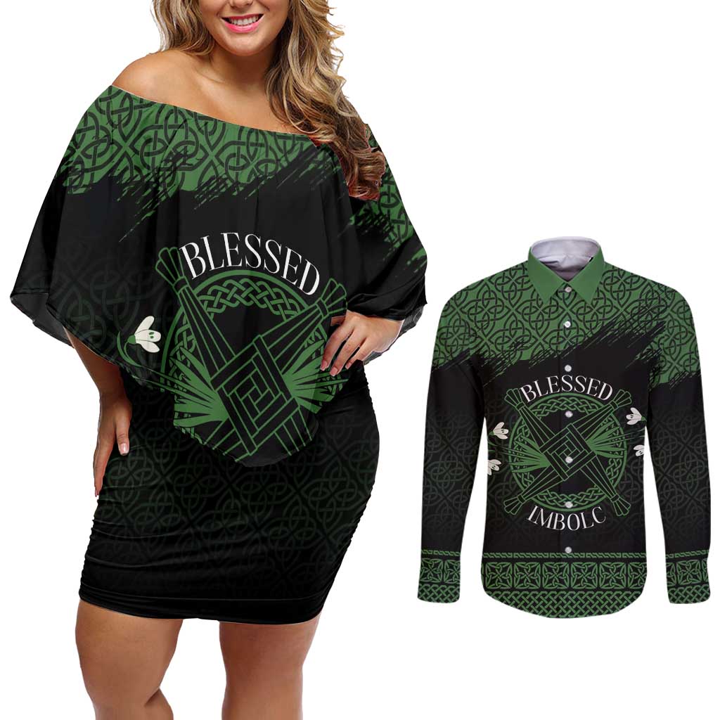 Personalized Imbolc Blessed Celtic Knot Couples Matching Off Shoulder Short Dress and Long Sleeve Button Shirt Brigids Cross Symbol - Wonder Print Shop
