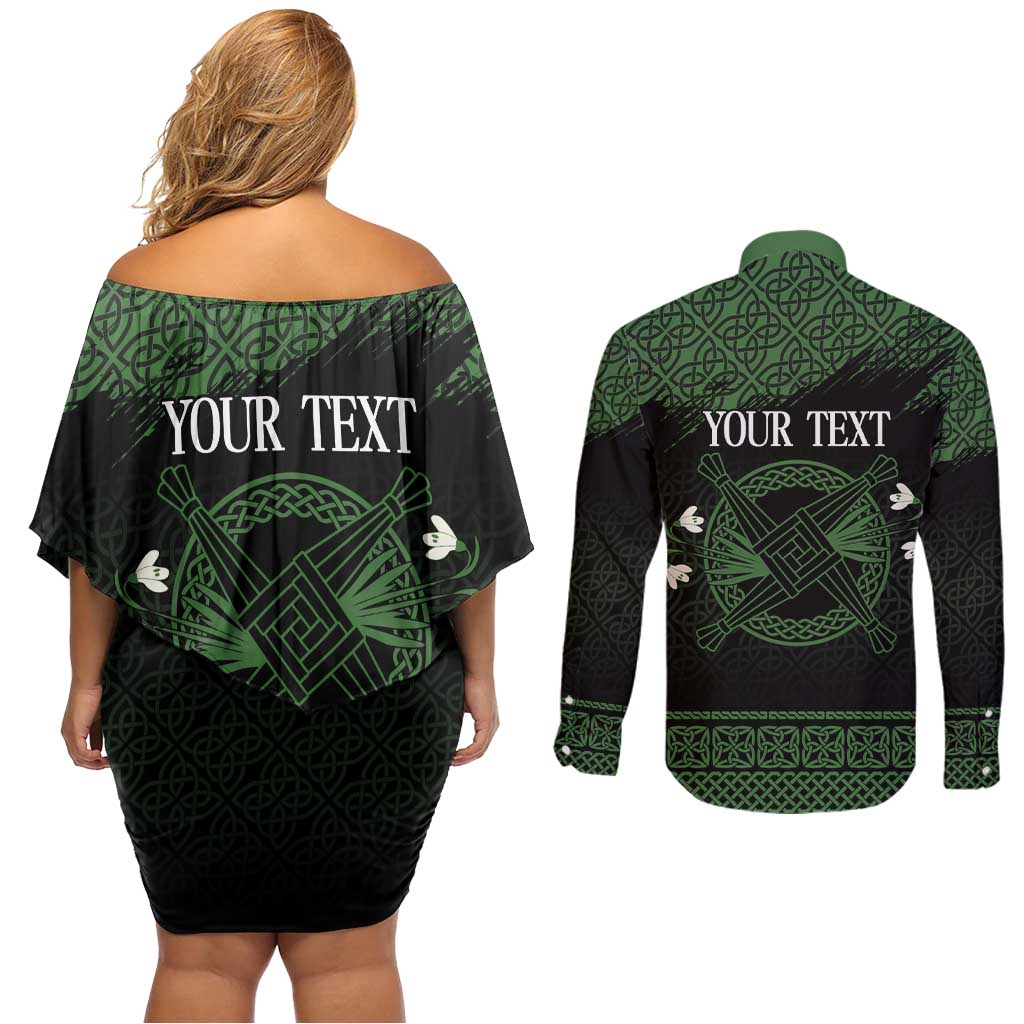 Personalized Imbolc Blessed Celtic Knot Couples Matching Off Shoulder Short Dress and Long Sleeve Button Shirt Brigids Cross Symbol - Wonder Print Shop