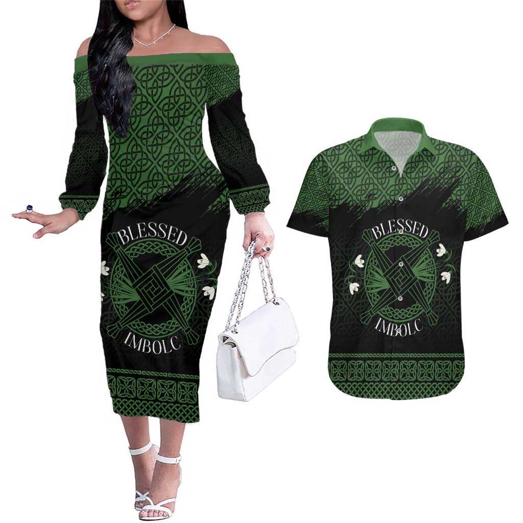 Personalized Imbolc Blessed Celtic Knot Couples Matching Off The Shoulder Long Sleeve Dress and Hawaiian Shirt Brigids Cross Symbol - Wonder Print Shop