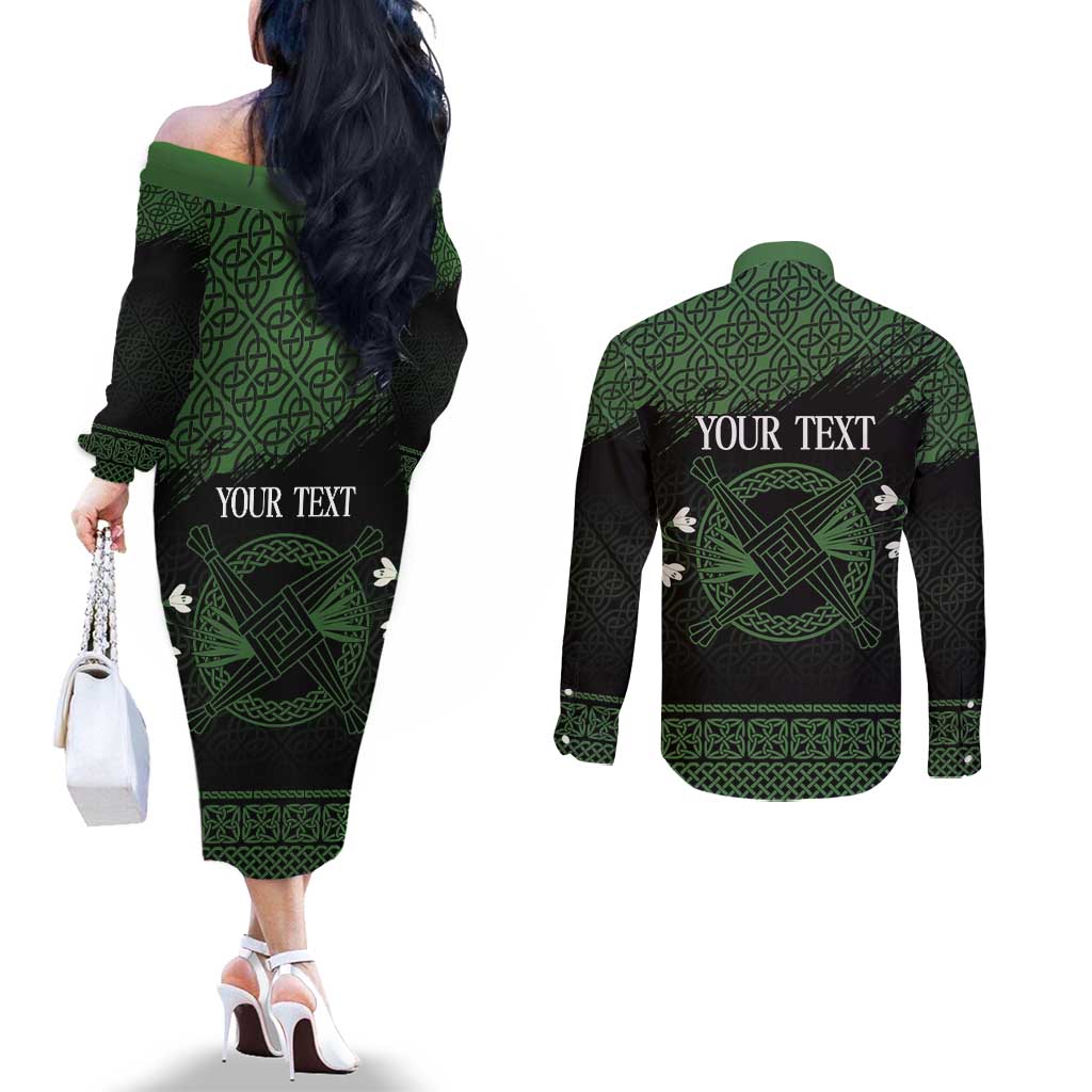 Personalized Imbolc Blessed Celtic Knot Couples Matching Off The Shoulder Long Sleeve Dress and Long Sleeve Button Shirt Brigids Cross Symbol - Wonder Print Shop