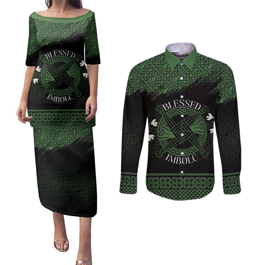 Personalized Imbolc Blessed Celtic Knot Couples Matching Puletasi and Long Sleeve Button Shirt Brigids Cross Symbol - Wonder Print Shop
