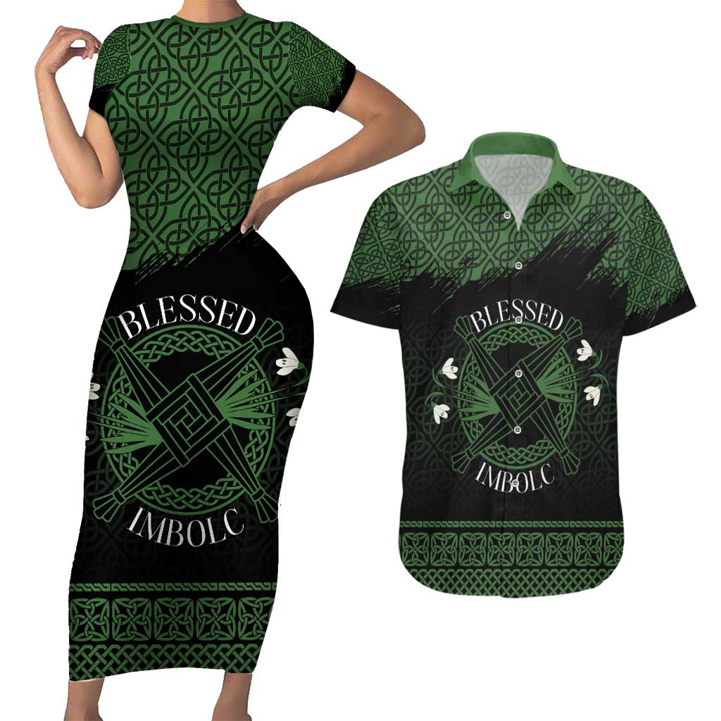 Personalized Imbolc Blessed Celtic Knot Couples Matching Short Sleeve Bodycon Dress and Hawaiian Shirt Brigids Cross Symbol - Wonder Print Shop