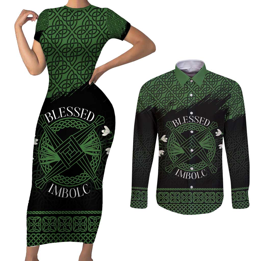 Personalized Imbolc Blessed Celtic Knot Couples Matching Short Sleeve Bodycon Dress and Long Sleeve Button Shirt Brigids Cross Symbol - Wonder Print Shop