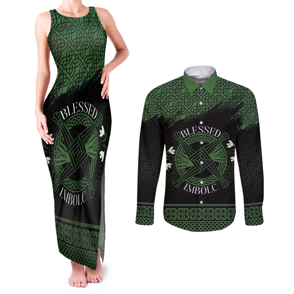 Personalized Imbolc Blessed Celtic Knot Couples Matching Tank Maxi Dress and Long Sleeve Button Shirt Brigids Cross Symbol - Wonder Print Shop