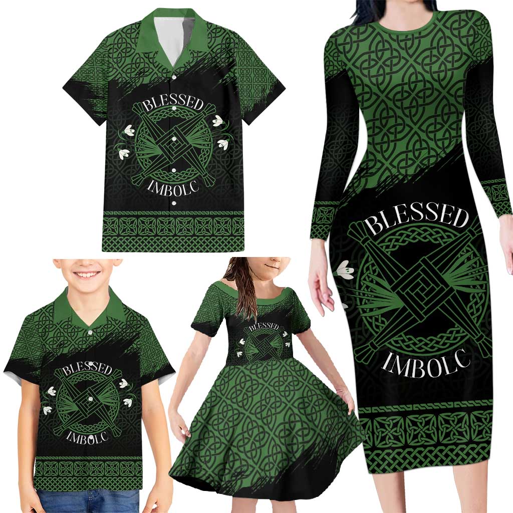 Personalized Imbolc Blessed Celtic Knot Family Matching Long Sleeve Bodycon Dress and Hawaiian Shirt Brigids Cross Symbol - Wonder Print Shop