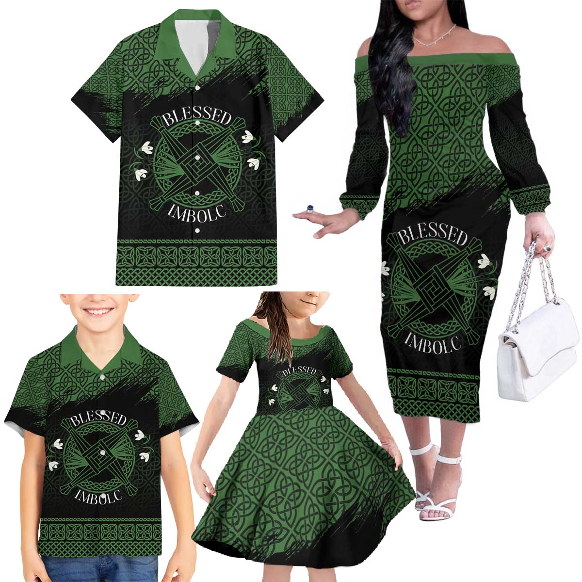 Personalized Imbolc Blessed Celtic Knot Family Matching Off The Shoulder Long Sleeve Dress and Hawaiian Shirt Brigids Cross Symbol - Wonder Print Shop
