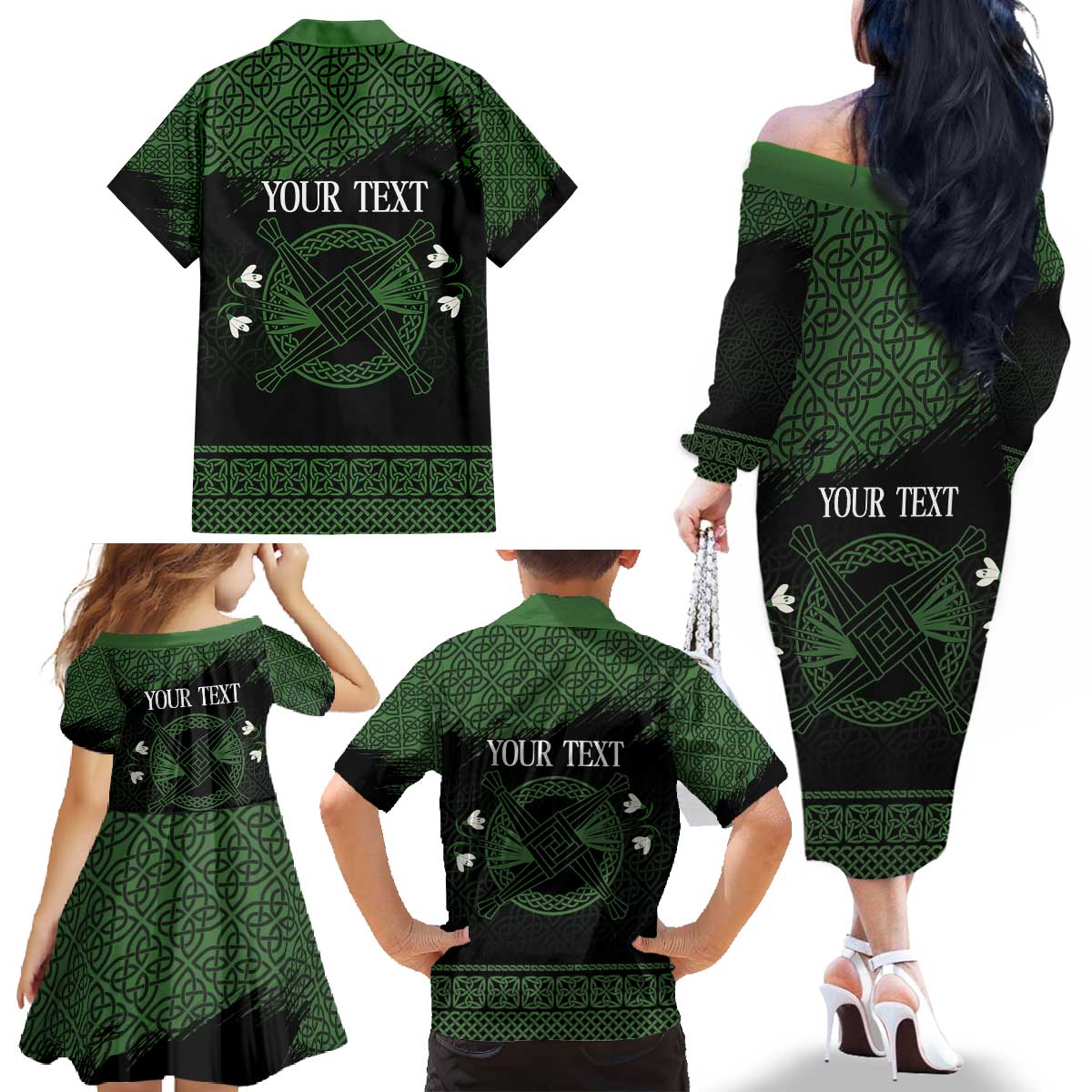 Personalized Imbolc Blessed Celtic Knot Family Matching Off The Shoulder Long Sleeve Dress and Hawaiian Shirt Brigids Cross Symbol - Wonder Print Shop