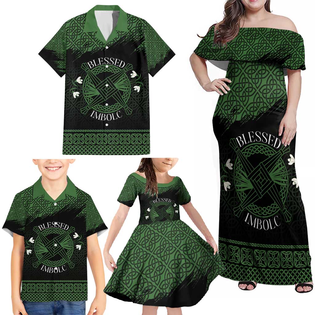 Personalized Imbolc Blessed Celtic Knot Family Matching Off Shoulder Maxi Dress and Hawaiian Shirt Brigids Cross Symbol - Wonder Print Shop