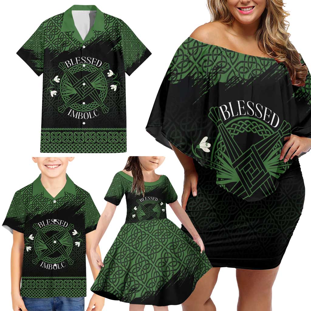 Personalized Imbolc Blessed Celtic Knot Family Matching Off Shoulder Short Dress and Hawaiian Shirt Brigids Cross Symbol - Wonder Print Shop