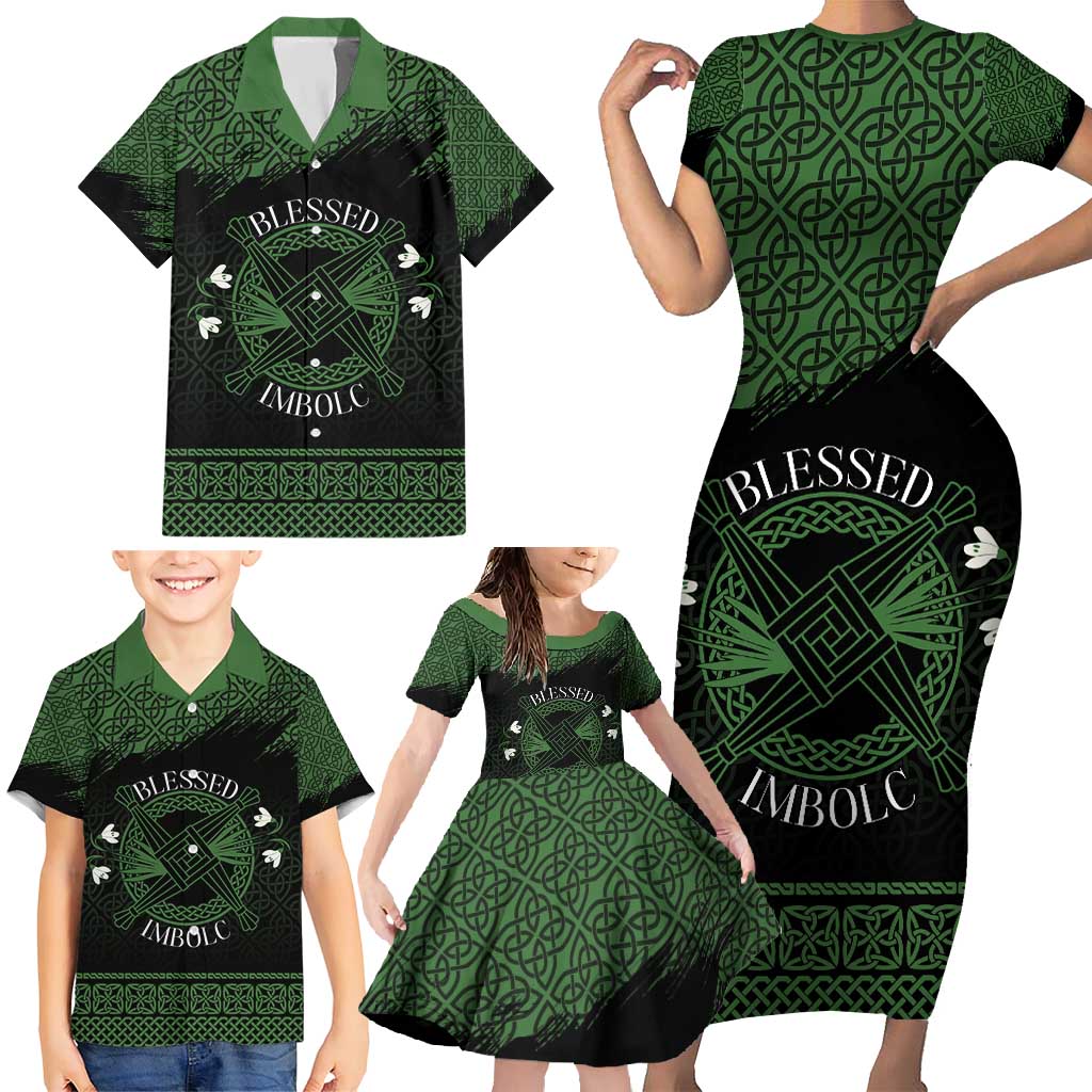 Personalized Imbolc Blessed Celtic Knot Family Matching Short Sleeve Bodycon Dress and Hawaiian Shirt Brigids Cross Symbol - Wonder Print Shop