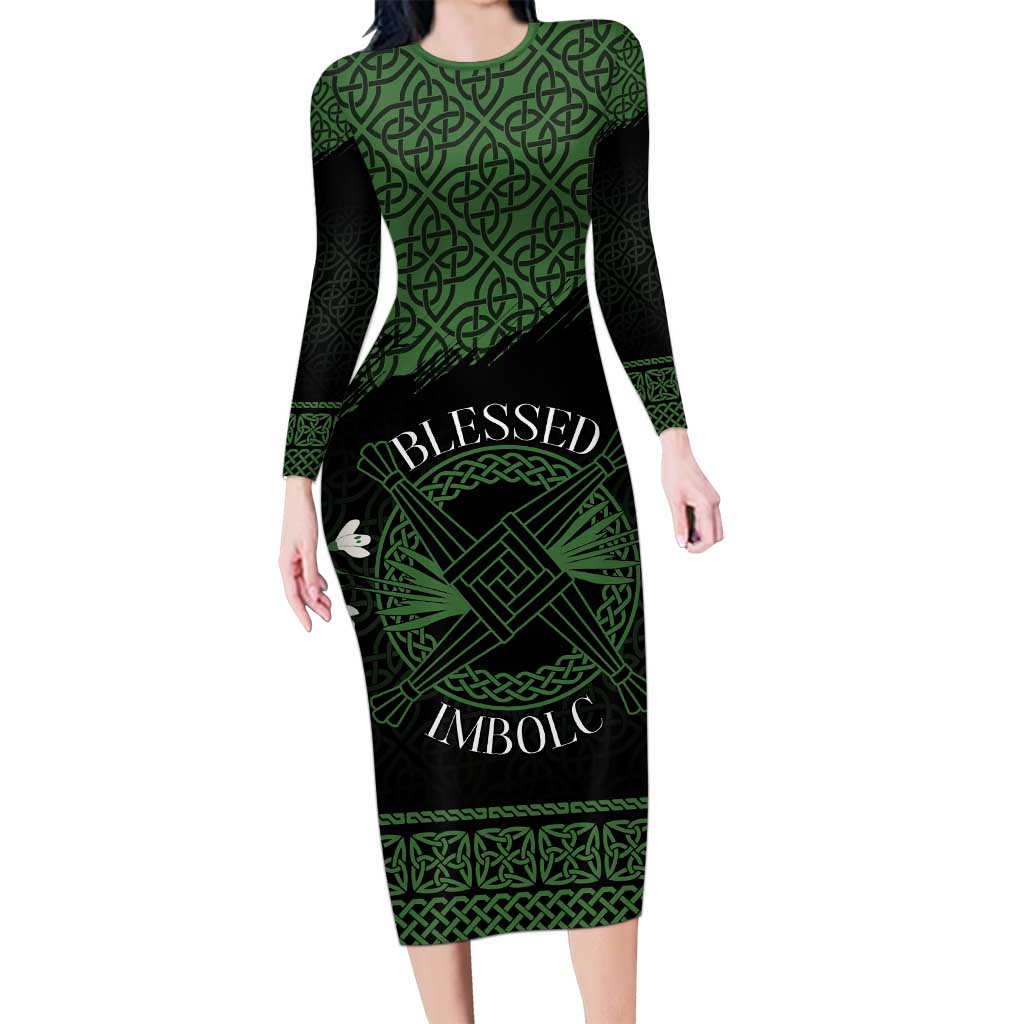 Personalized Imbolc Blessed Celtic Knot Long Sleeve Bodycon Dress Brigids Cross Symbol - Wonder Print Shop