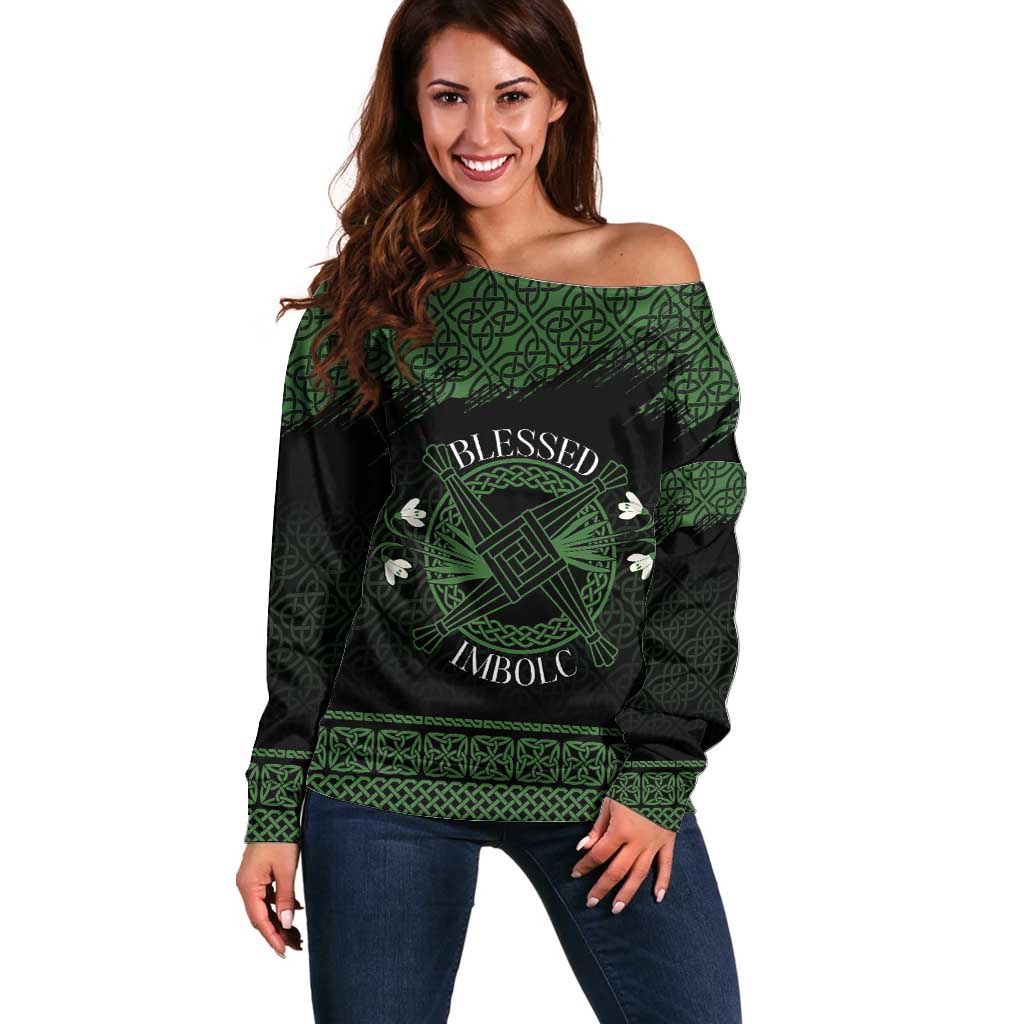 Personalized Imbolc Blessed Celtic Knot Off Shoulder Sweater Brigids Cross Symbol - Wonder Print Shop