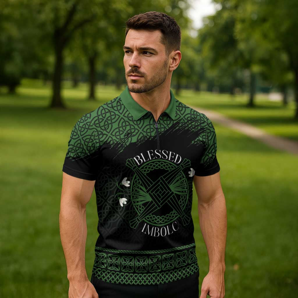 Personalized Imbolc Blessed Celtic Knot Zipper Polo Shirt Brigids Cross Symbol - Wonder Print Shop