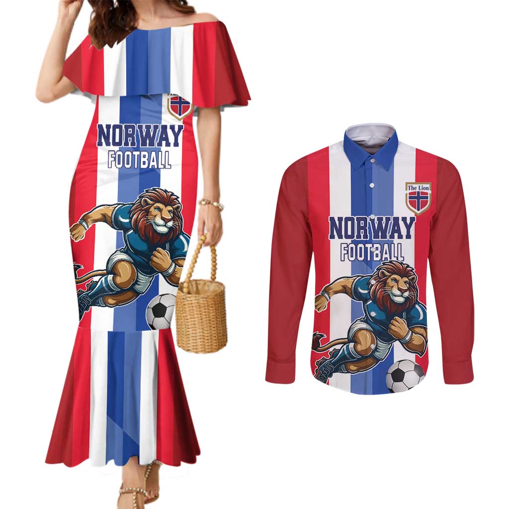 Custom Norway Football Couples Matching Mermaid Dress and Long Sleeve Button Shirt The Lions Champion 2024