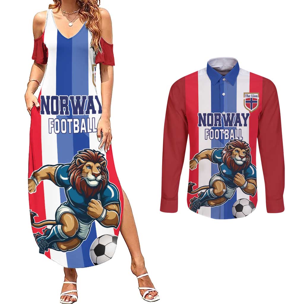 Custom Norway Football Couples Matching Summer Maxi Dress and Long Sleeve Button Shirt The Lions Champion 2024 - Wonder Print Shop