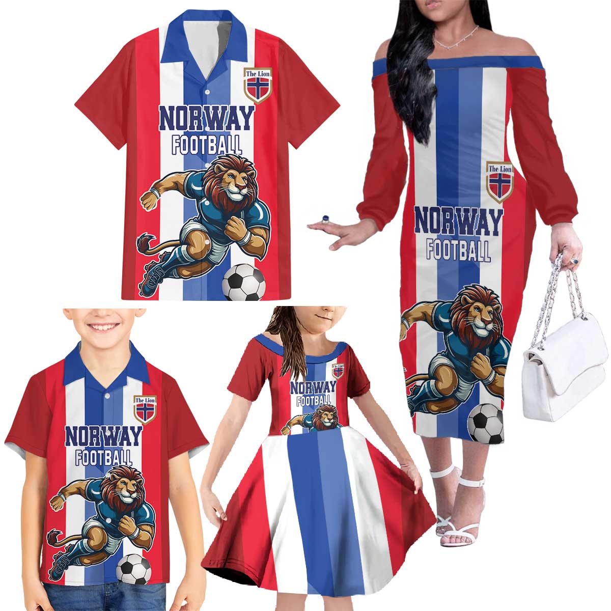 Custom Norway Football Family Matching Off The Shoulder Long Sleeve Dress and Hawaiian Shirt The Lions Champion 2024 - Wonder Print Shop