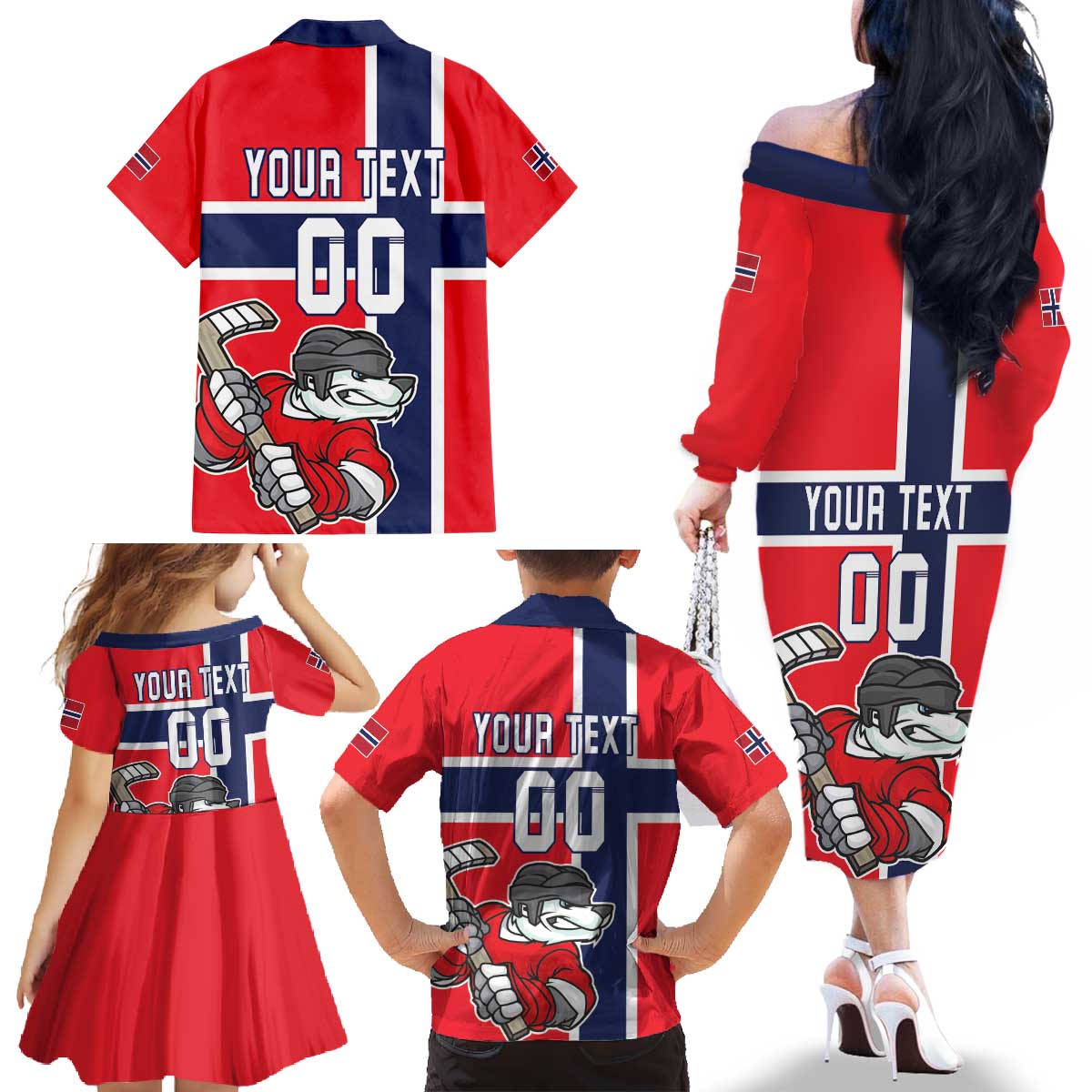 Custom Norway Hockey Family Matching Off The Shoulder Long Sleeve Dress and Hawaiian Shirt The Polar Bears Hockey - Wonder Print Shop