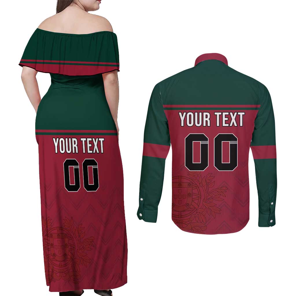 Custom Portugal Rugby Couples Matching Off Shoulder Maxi Dress and Long Sleeve Button Shirt Go Os Lobos Wolves Mascot